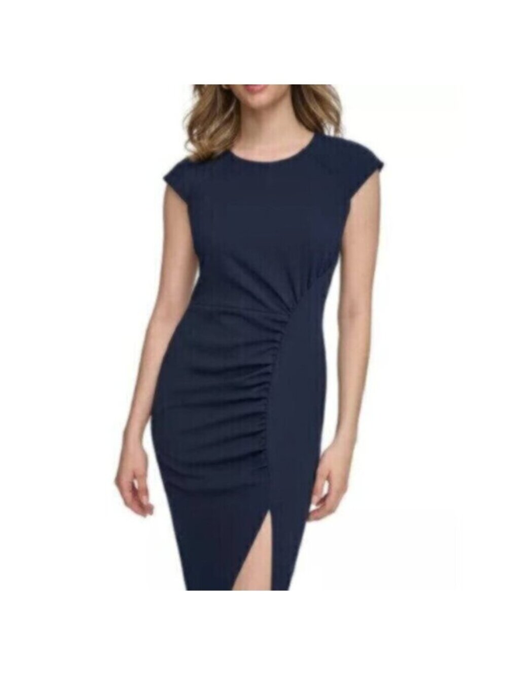 NWT Calvin Klein Navy Blue Side-Ruched Scuba Crepe Sheath Dress - Picture 3 of 17